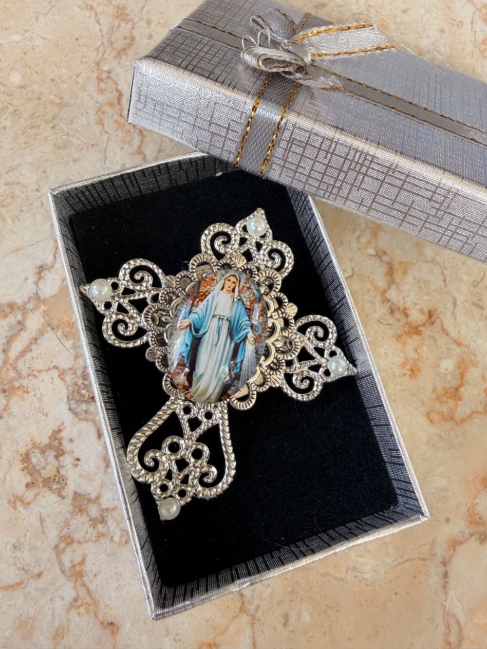 Silver-Tone Virgin Mary Brooch With Faux Pearls & Intricate Filigree Religious P